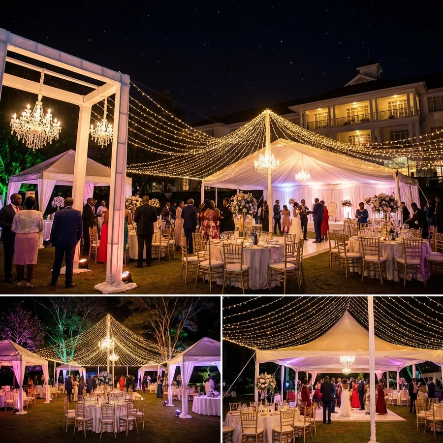 Evening wedding reception under a fairy-light canopy and draped marquee with chandeliers, gold chiavari chairs and dressed round tables