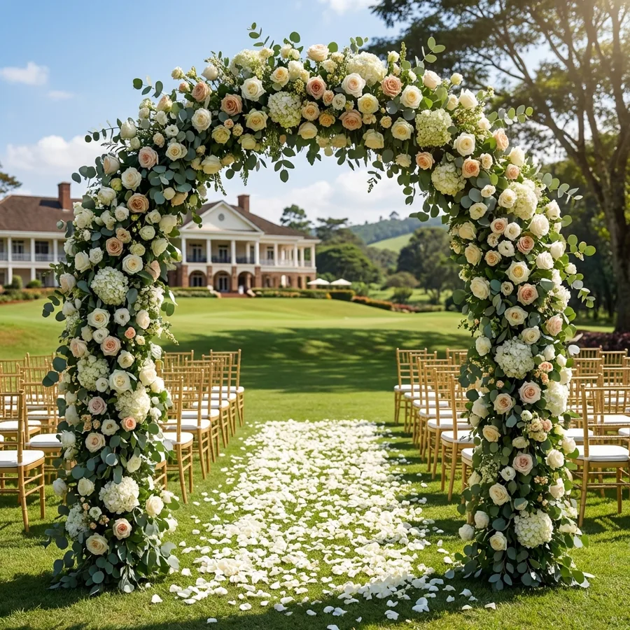 Garden wedding ceremony layout at Karen Country Club, Nairobi, with an aisle, guest seating and floral decor on the lawn
