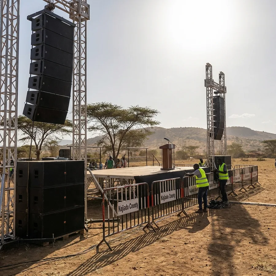 Line-array PA stacks on truss towers either side of a stage at a Kajiado County outdoor event, with crew running cable along branded crowd barriers