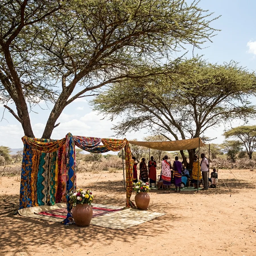 Traditional Ruracio ceremony setup under acacia trees on Magadi Road, with kitenge draping, a shade canopy, patterned mats and clay pots of flowers