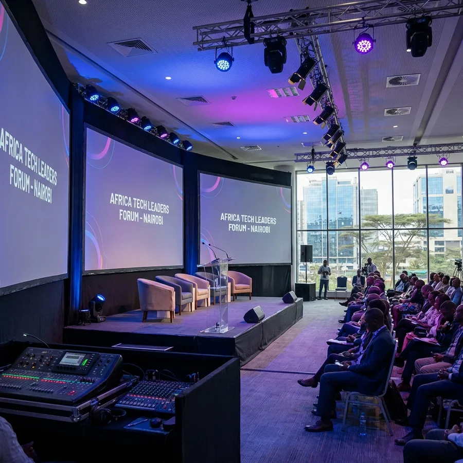 Corporate conference setup in Westlands, Nairobi with staged seating, branded backdrop and event lighting