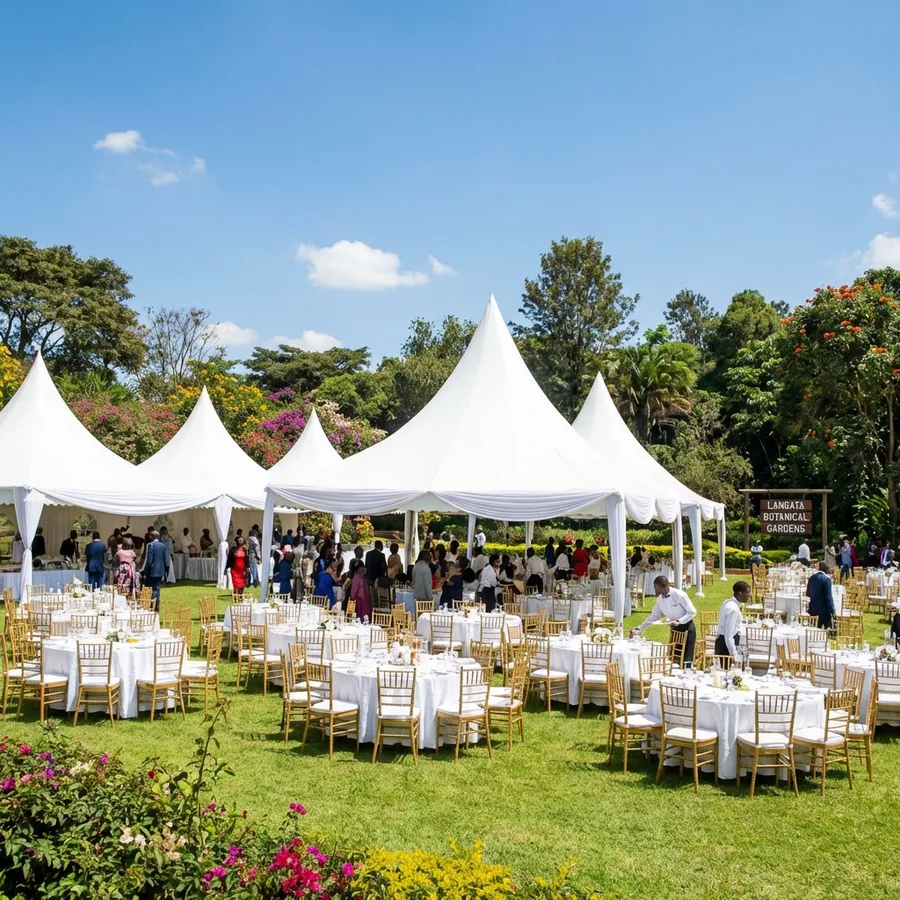 Wedding reception laid out for 300 guests at Langata Botanical Gardens, Nairobi, with covered seating and a decorated head table