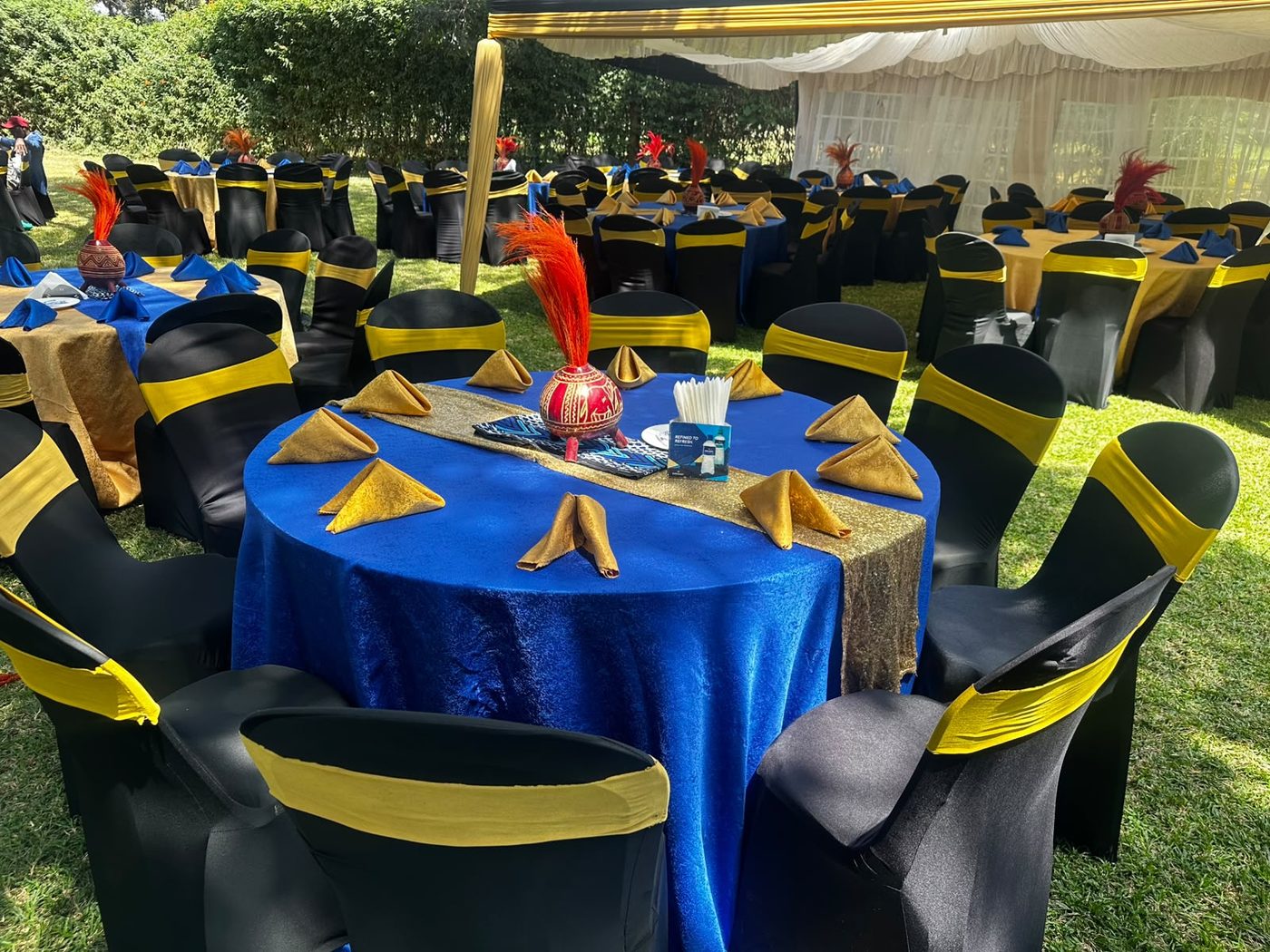 Rows of guest rounds dressed in royal blue velvet with gold sequin runners, gold napkins and decorated gourd centrepieces with red feather plumes, black chair covers with yellow sashes, marquee behind