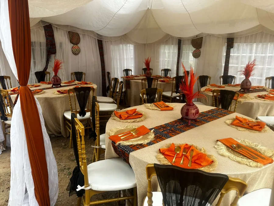 Traditional Ruracio ceremony setup in Kajiado County with decorated seating, draping and traditional fabrics